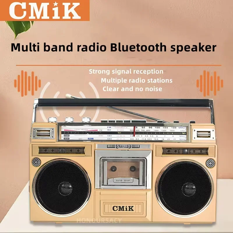 Classic Retro Cassette Radio Dual Channel Stereo Bluetooth Speaker FM/AM/SW Multi-band Recorder Outdoor Card Radio Music Player