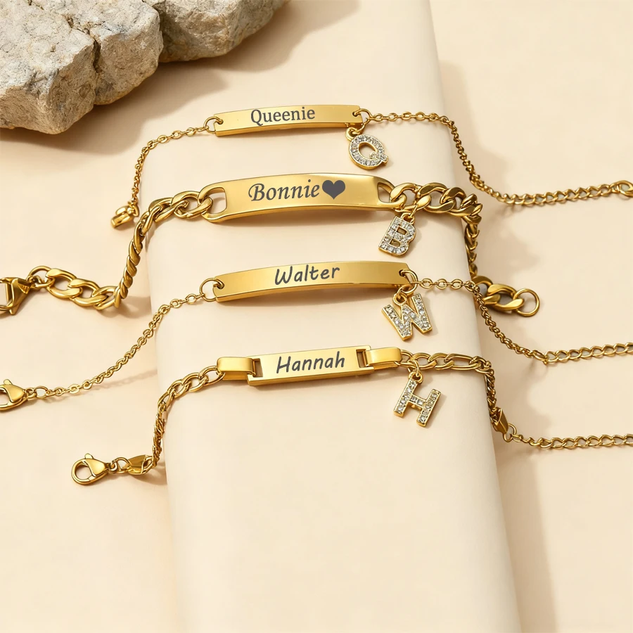 

Acheerup Personalized Engrave Name Bar Bracelet for Women Kids Zircon Letters Initials Stainless Steel Chain Jewelry Family Gift