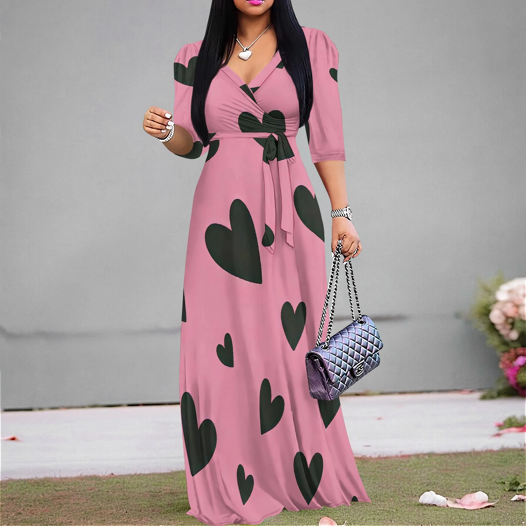 Plus Size Dresses for Curvy Women Casual Long Maxi Cocktail Party Dress V Neck 3/4 Sleeve with Belt Sundress Empire Waist
