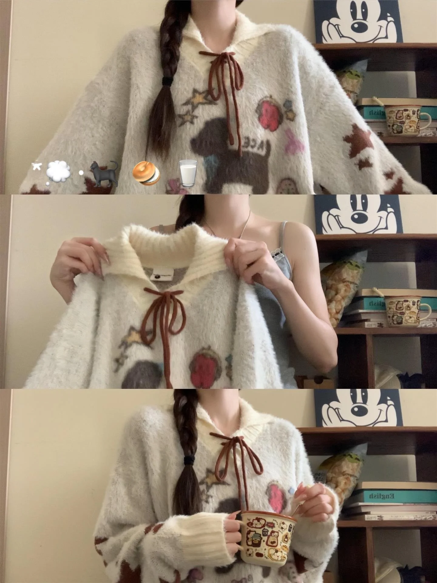 

American Retro Cartoon Dog Pattern Knitted Sweater Women's Loose Collar Pullover Long Sve Warm Top for Autumn Winter