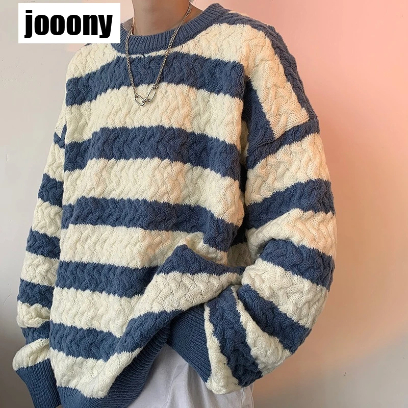 캐주얼 풀오버 올매치 따뜻한 니트 상의, 스플라이스 루즈 한국 스트라이프 스웨터, O-넥 남성 의류, 다목적 신상 패션