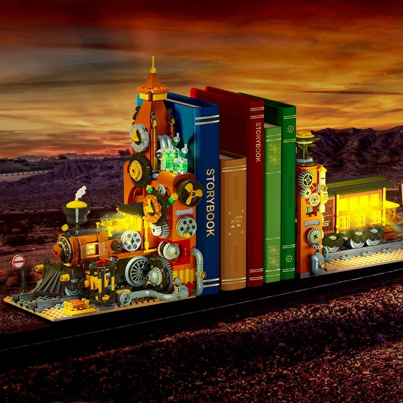 MOC 028005   Technische stad Steampunk trein boekensteun model met licht bouwstenen bakstenen montage speelgoed kerstcadeaus voor kinderen