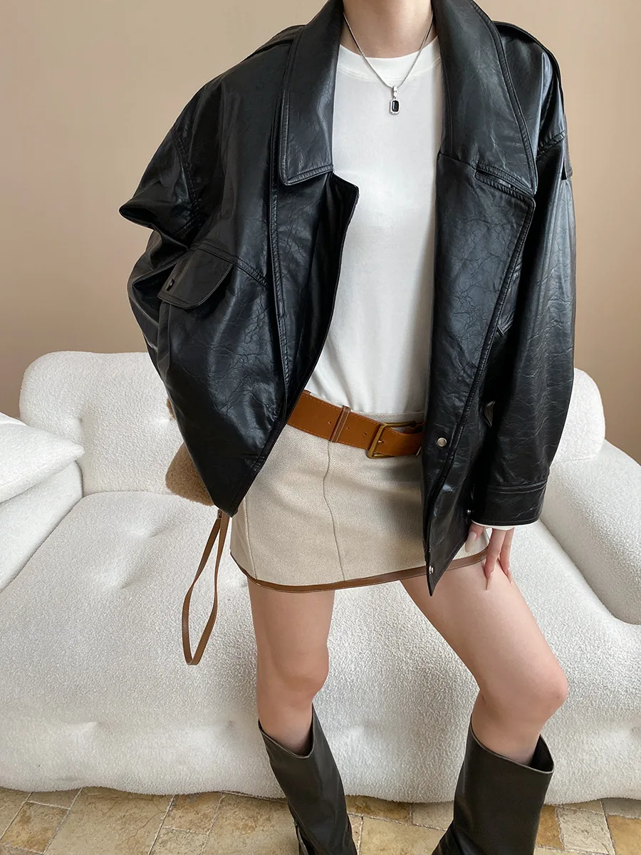 PU 가죽 이중 레이어 칼라 디자인, 루즈핏 가죽 재킷