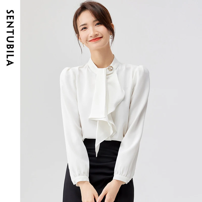 SENTUBILA Classic Solid Office Lady Women Shirt 2024 Autumn Straight Ribbon Collar Puff Sleeve Simple Women Tops 143C57856X