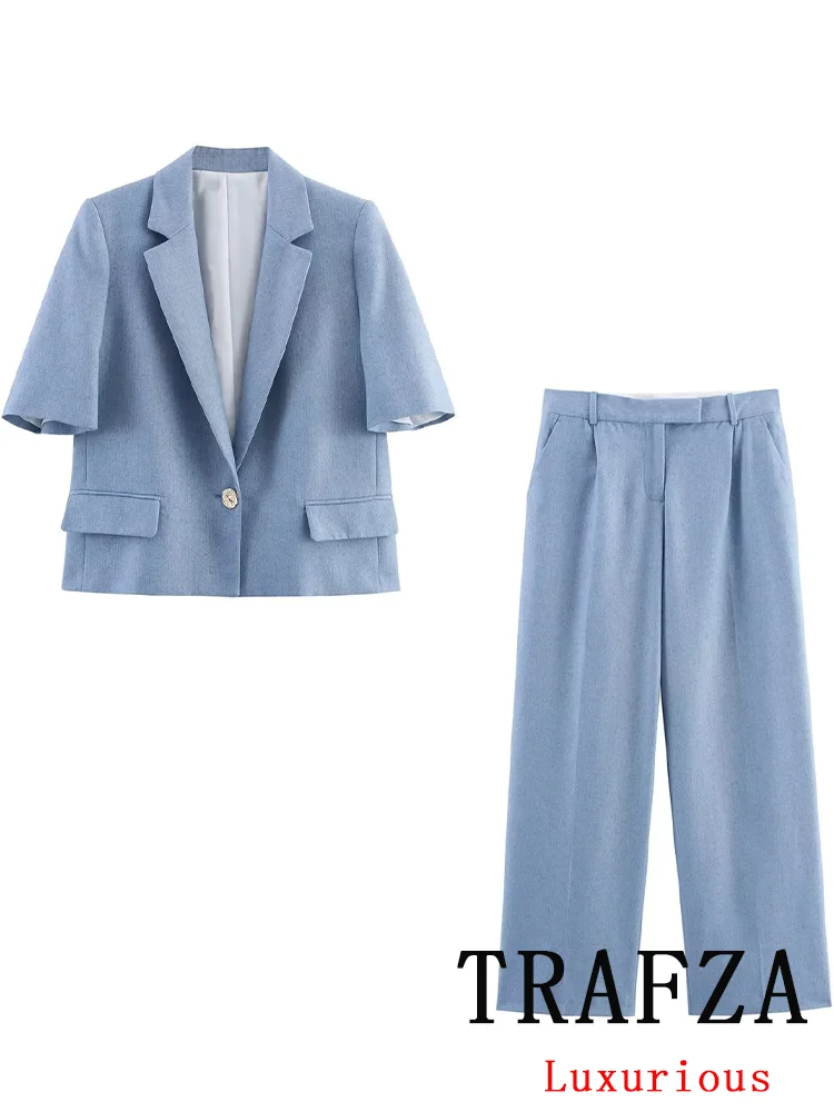 

TRAFZA Casual Chic Office Lady Solid Women Suit Single Button Blazer Straight Loose Pants New Fashion 2025 Autumn Winter Sets