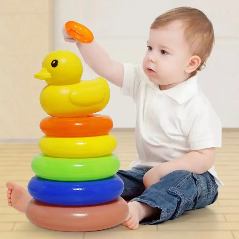 0-3 years old Infant Early Learning Rainbow Stacking Toys Puzzle Development Intelligence Rainbow Tower Set of Rings Yellow Duck