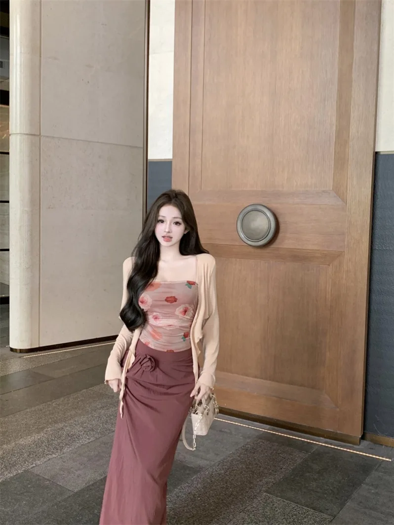 

Kumikumi Summer Floral Long Sleeve Open Cardigan Women's Three-Piece Set High Waist Wrap Skirt Short Length Casual Fashion