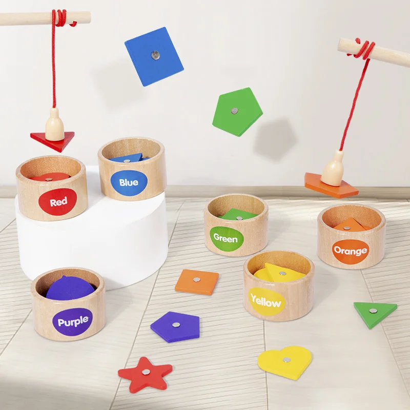 Children's Wooden Magnetic Color Shape Classification Cup Geometric Cognition Fishing Game Early Education Educational Toys