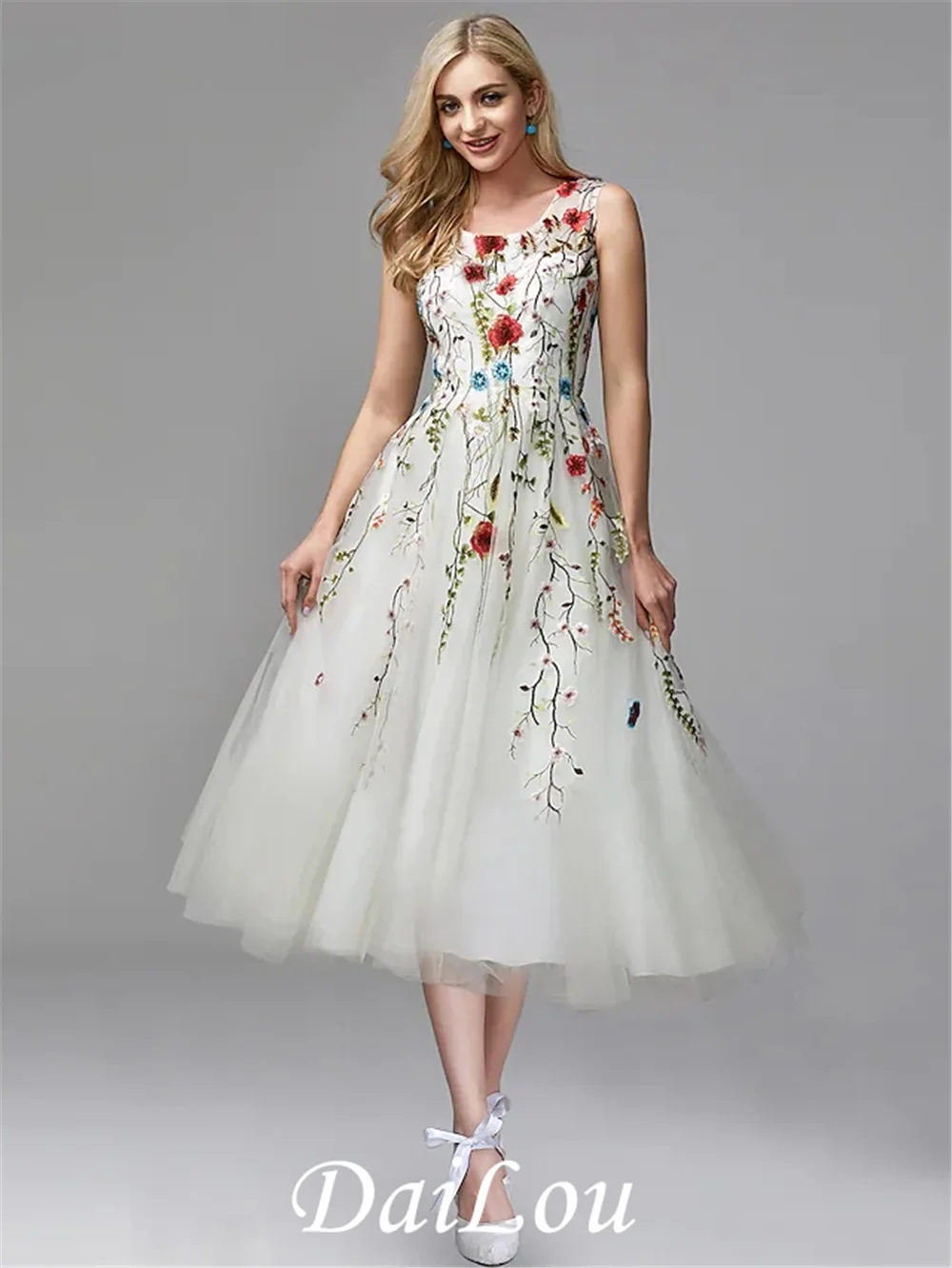 A-linie Elegante Floral Engagement Formale Abend Geburtstag Kleid Jewel Neck Sleeveless Tee Länge Tüll mit Spitze Einsatz Appliques