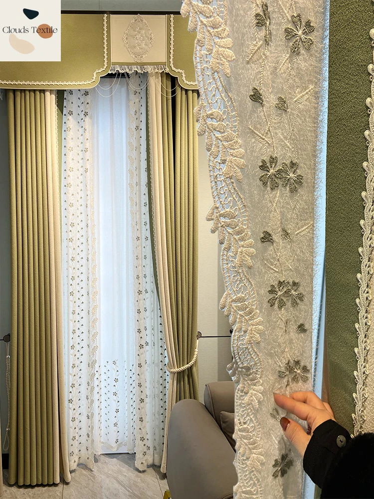 

New Light Luxury French Modern Curtains for Living Dining Room Bedroom Minimalist American Light Green Blackout Window Screen