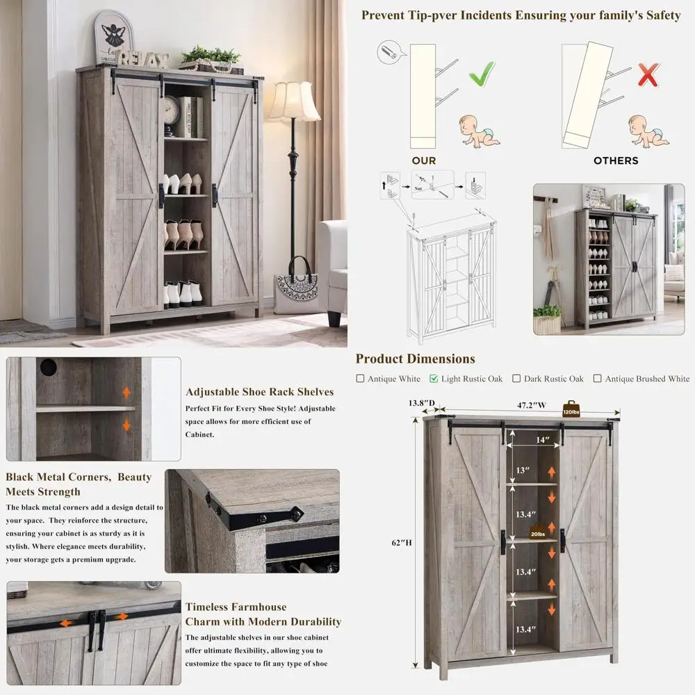 6-Tier Adjustable Farmhouse Style Shoe Cabinet with Sliding Doors, 60 Tall, Ideal for Entryway or Living Room Storage