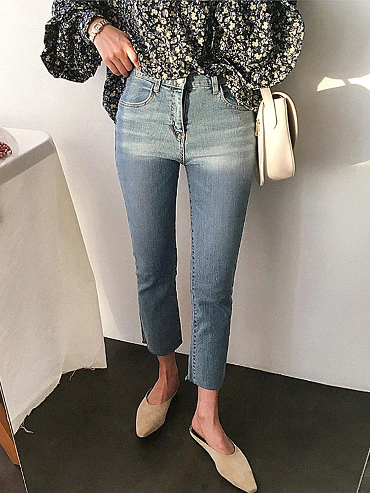 

High Waist Straight Leg Jeans Women's Spring 2022 Retro Ankle Length Hong Kong Style Streetwear Washed Boyfriend Denim Pants