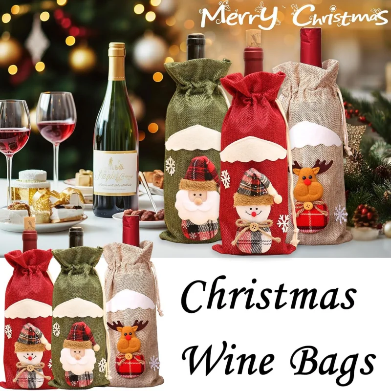 حقيبة زجاجات النبيذ الخيش القابلة لإعادة الاستخدام، تصميم رجل الثلج سانتا الرنة لعيد الميلاد، مثالية لحفلات العطلات وحفلات الزفاف وأعياد الميلاد