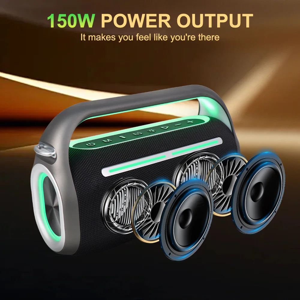 150w de alta potência sem fio bluetooth alto-falante ao ar livre à prova dwaterproof água portátil subwoofer multi-função led luz soundbox com 2 microfone