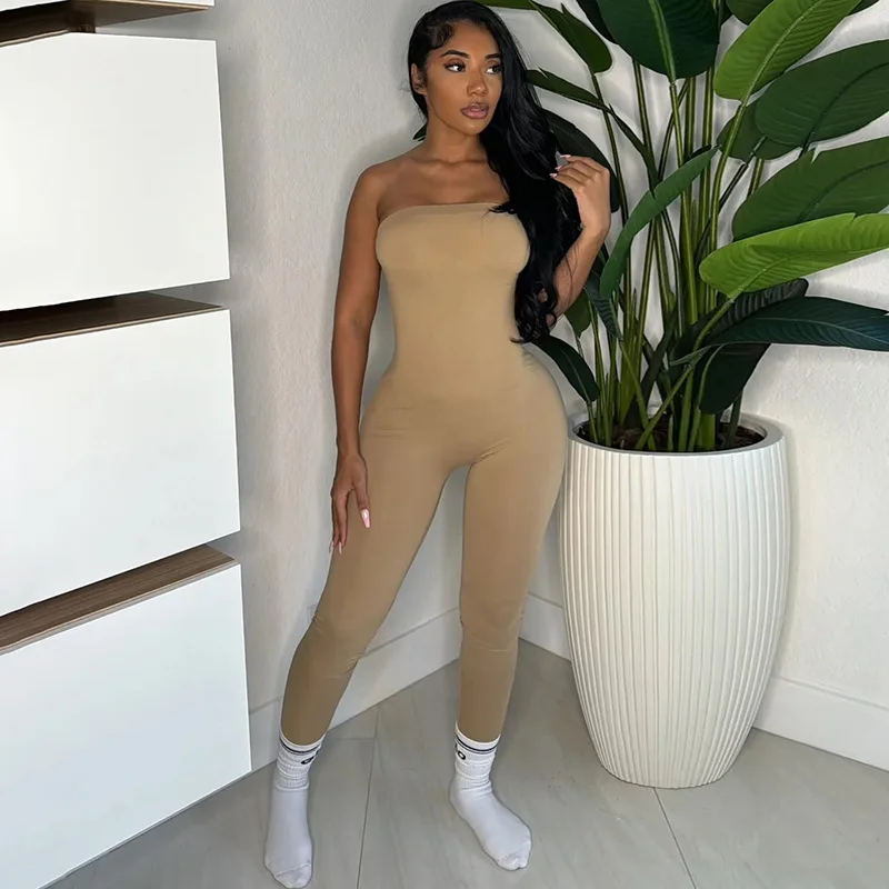 YUZHEXI mono ajustado sin tirantes para mujer, mono de entrenamiento deportivo elástico sin mangas, color sólido, negro, marrón y gris