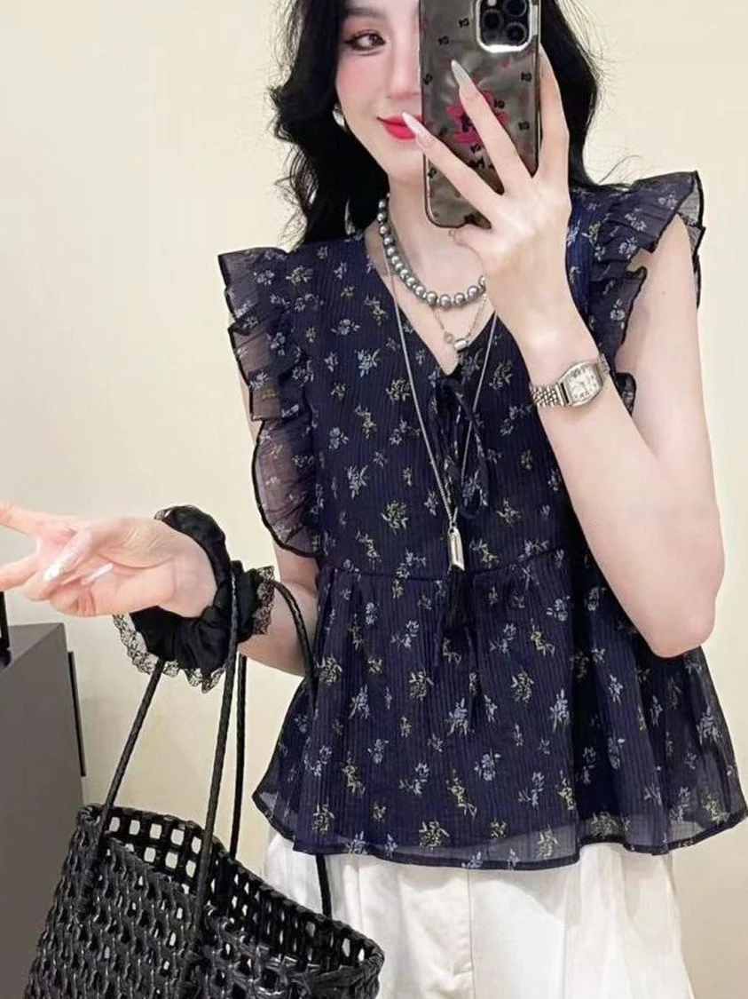 

Шифоновая блузка с цветочным принтом, женская роскошная сенсорная летняя новинка, топ с v-образным вырезом, элегантный возрастной деффинг, несбываемый
