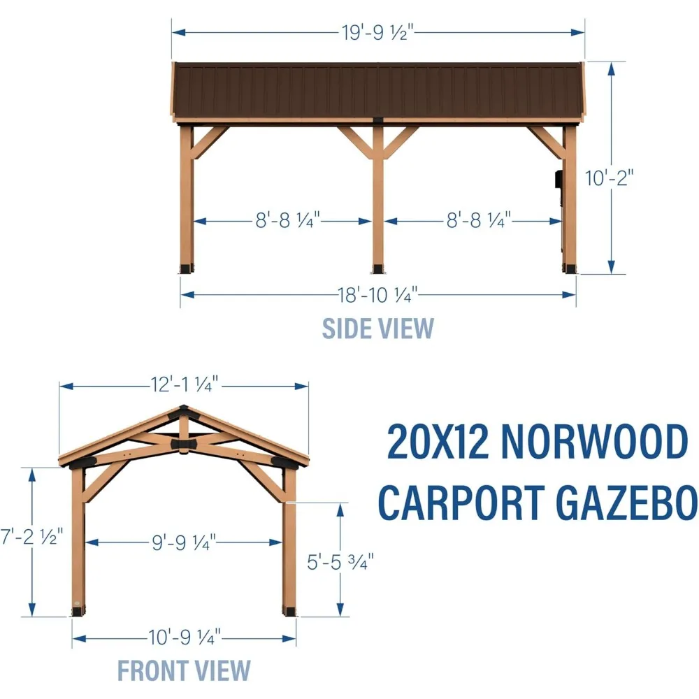 Norwood 20 ft. x 12 ft. All Cedar Wooden Carport Pavilion Gazebo with Hard Top Steel Roof Light Brown