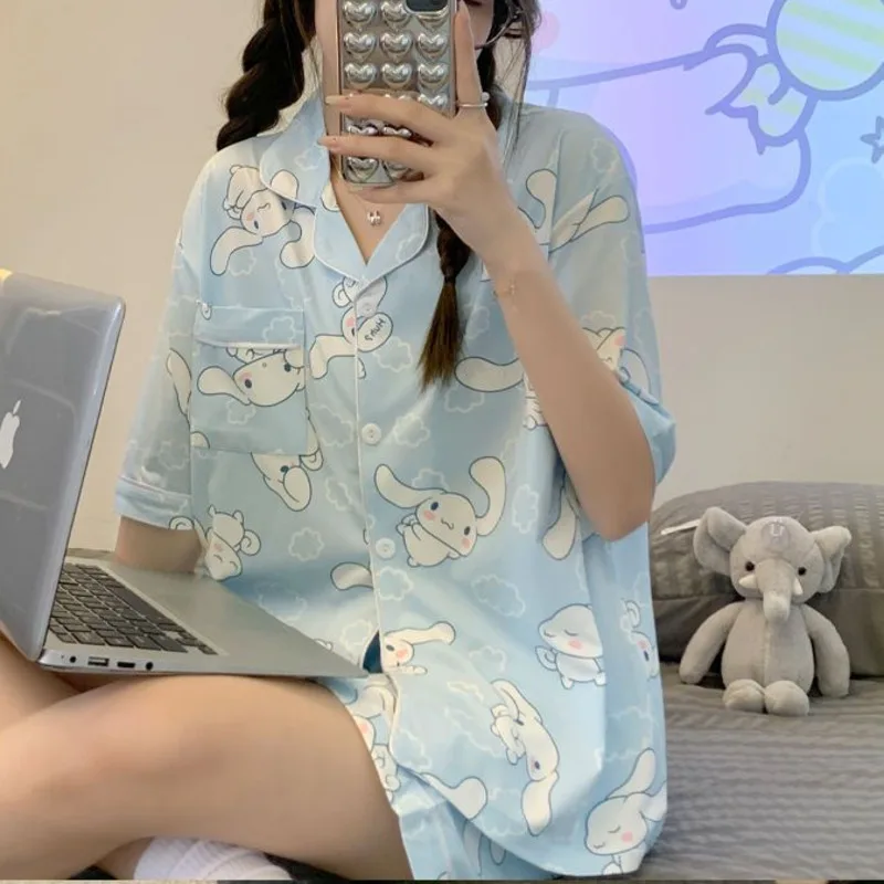 New Sanrio Cinnamoroll Cute Shorts Sets Women Cartoon Summer Pajamas Female Korean Fashion Short Sleepwear Home Wear Clothes Y2k