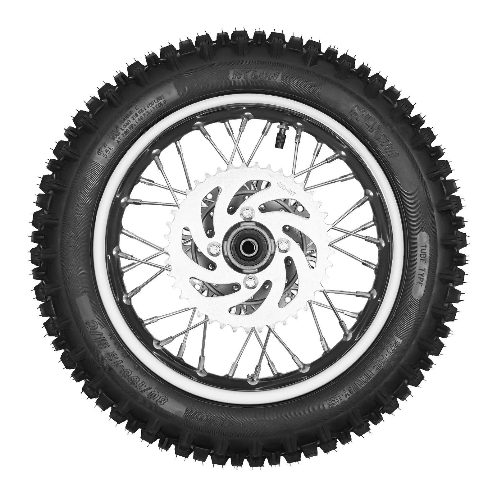 80/100-12 Rear Wheel Rim Tire, 12 Inch Motorcycle Back Wheel Assembly with Brake Disc and Sprocket, Steel Spokes, Anti-Rust Rubber Tire, Smooth Rotation, High Load, For Dirt Bike Off-Road Scooter Replacement