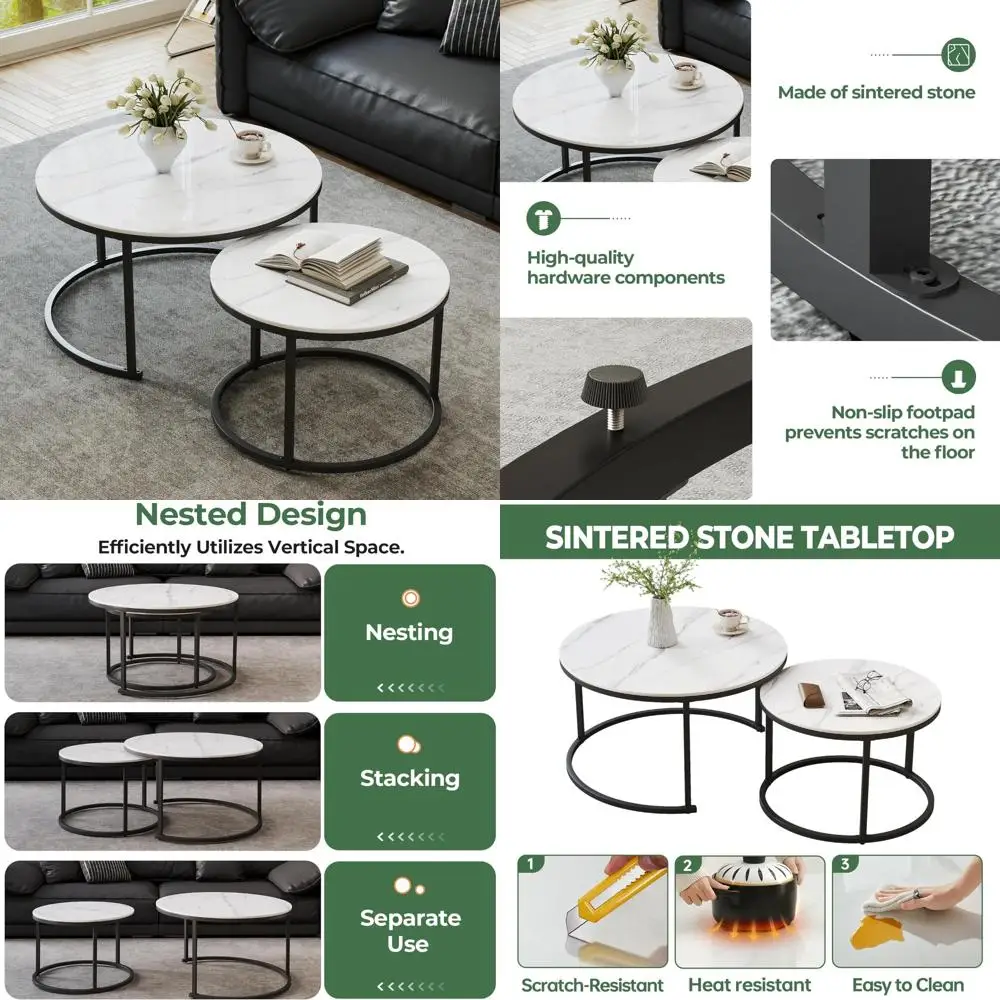 

Contemporary Dual Coffee Table Set: Sintered Stone Tops and Metal Bases for Living Spaces