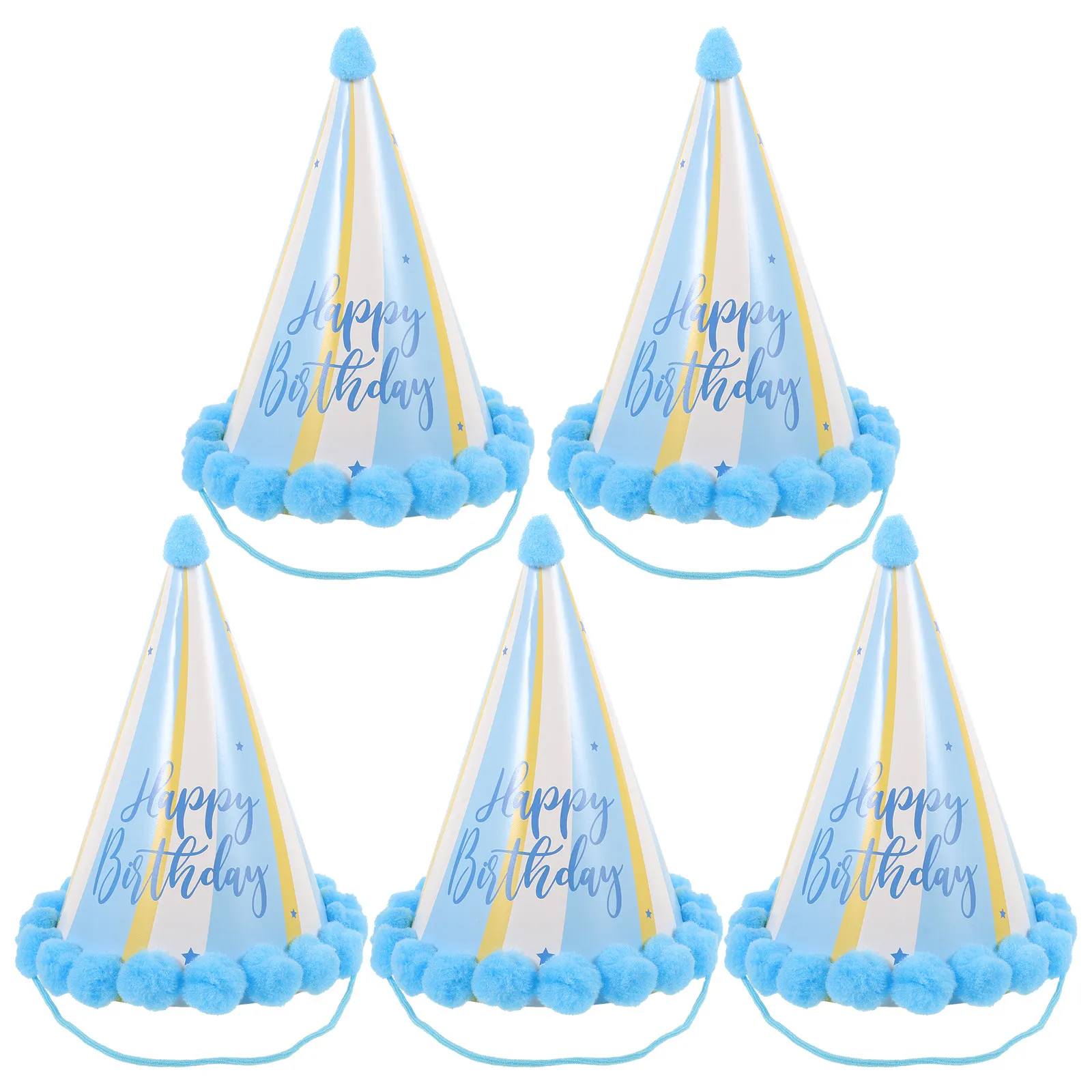 

5Pcs Light Blue Shiny Paper Pompon Birthday Hats Cone Shape Party Hat Costume Accessory Photo Prop for Birthday Shower