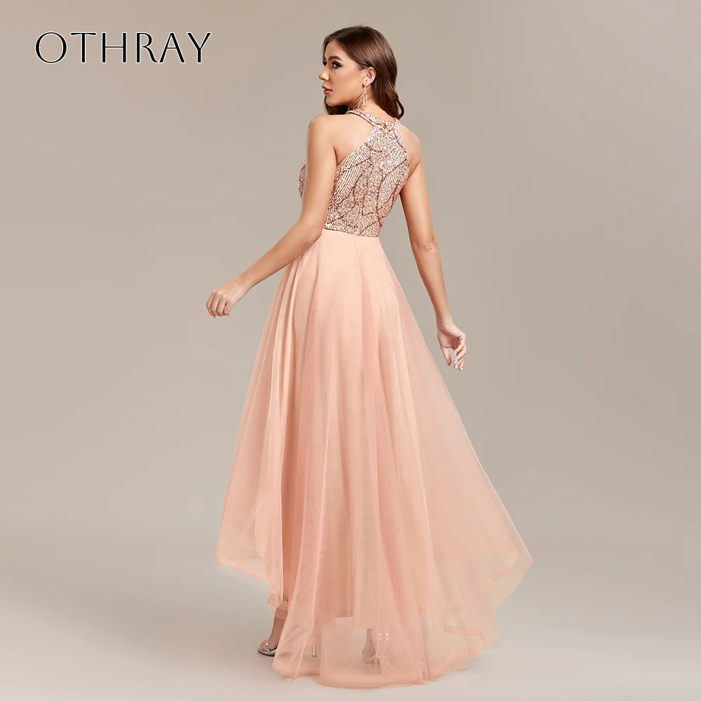 Vestidos de fiesta de una línea con lentejuelas y cuello halter, sin mangas, tul plisado, alto-bajo, personalizados, İ Г Грэйws 