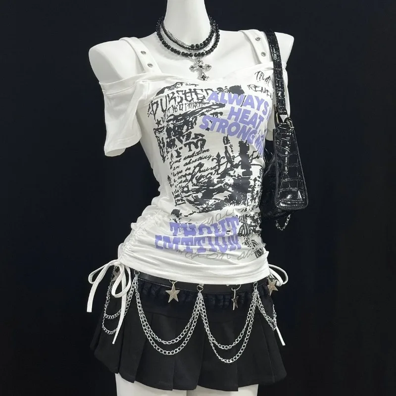 

Tops Strappy T-shirts Women Summer Vintage Short-sleeved Printed Cropped Fitted Waist Slimming Tie-front New Comfortable Casual