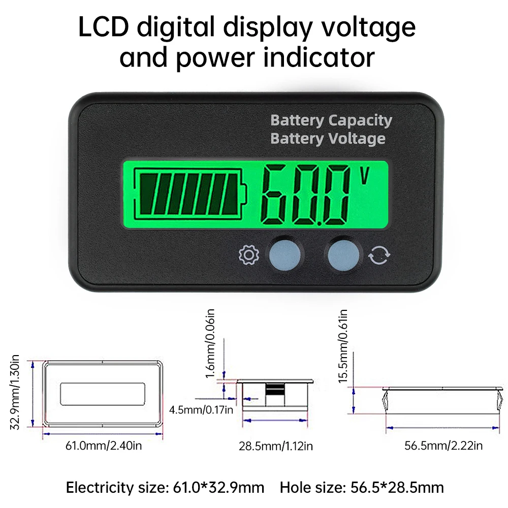 เครื่องวัดแรงดันไฟฟ้า DC 6-100V 12V/24V/36V, เครื่องบ่งชี้ความจุของแบตเตอรี่ลิเธียมรถยนต์รถจักรยานยนต์ดิจิตอล