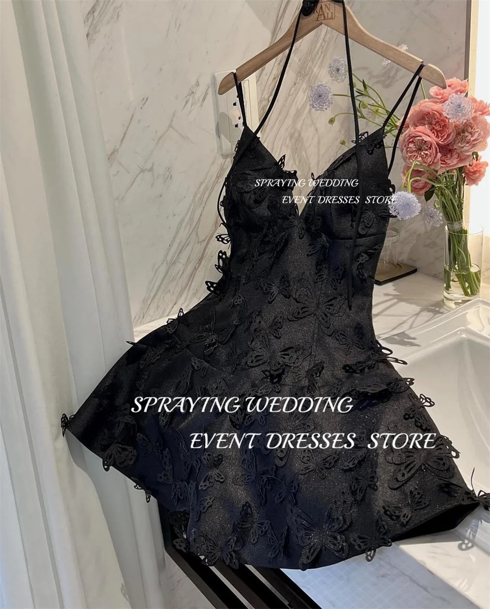 SPRAYING Sexy Mini Black Pink V-Neck Cocktail Dress Spaghetti Strap Short A-line Prom Gown Woman Satin Bow Formal Party Dress