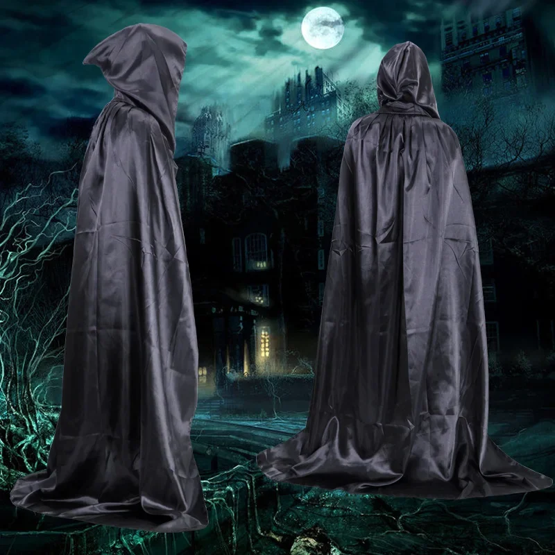 Gold Silver Red Black Women Men Adult Medieval Vampire Witch Ghost Party Costume Leather Look Halloween Long Cape Cloak Hooded