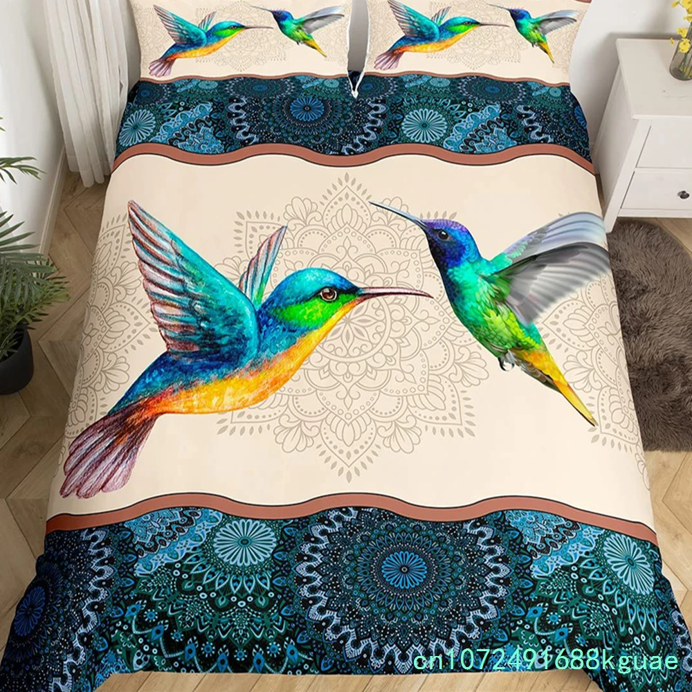 Boho Mandala Duvet Cover Set Hummingbird Bedding Set Microfiber Farmhouse Cute Birds Comforter Cover Queen For Kids Boys Girls