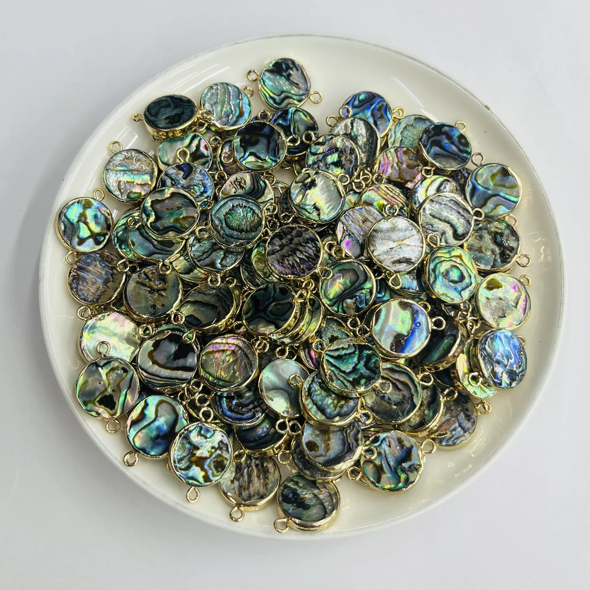 1pc 14x14mm Natural Round Abalone Shell Double Loop Connector GIridescent Paua Shell Link Boho Ocean DIY Necklace Bracelet Charm