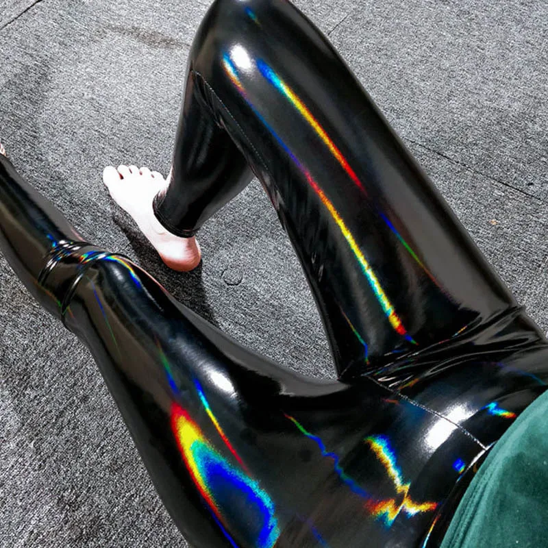 Women Colorful Shiny Leather Leggings Black Mirror Reflective Stretch Leather Pants Skinny Thin Leather Pencil Trousers Legging