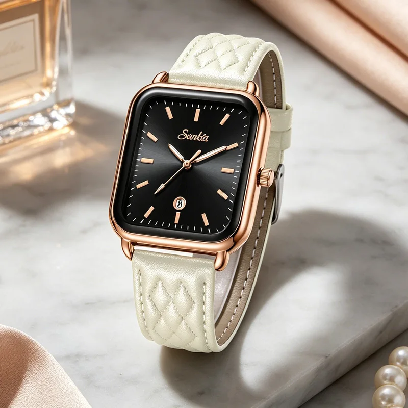 

SUNKTA Fashion Square Women Quartz Watch Casual Leather Strap Waterproof Luminous Ladies Wristwatches Relojs Mujer+Gift Box