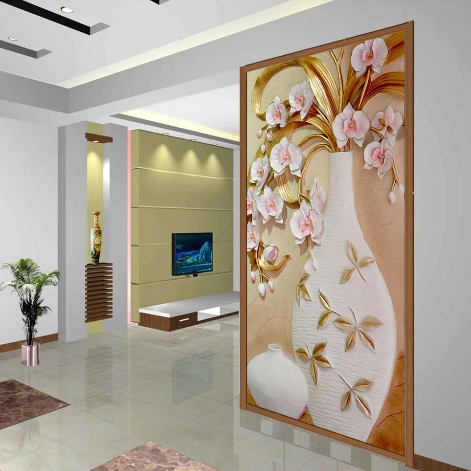 

Custom Mural Wall Paper 3D Embossed Flower Vase Entrance Corridor Photo Modern Designs Home Decor Wallpapers For Living Room