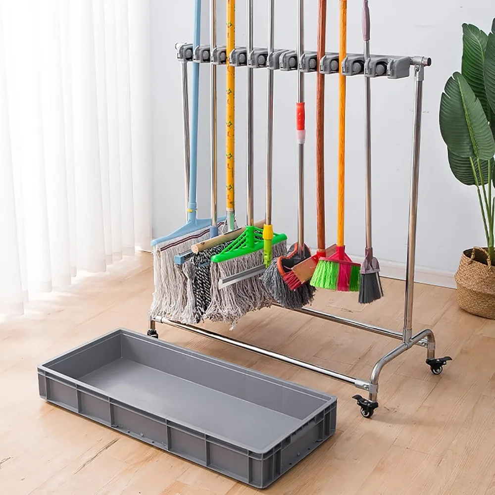 

Floor-Mounted Mop and Broom Holder with 5 Racks and 6 Hooks for Wet Mops and Cleaning Tools Storage