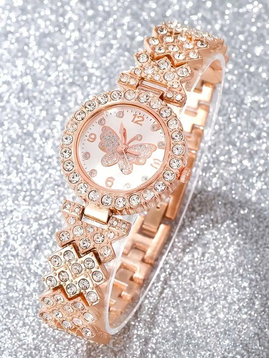 2pcs Stylish Women's Quartz Watches With Shiny Heart Element Bracelet Set, Minimalist Round Dial, Elegant And Comfortable