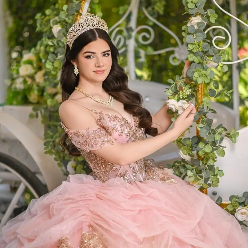 Customized Shiny Pink Off Shoulder Quinceanera Dres Tull sequin applique Lace beads vestidos de 15 Quinceanera ﻿