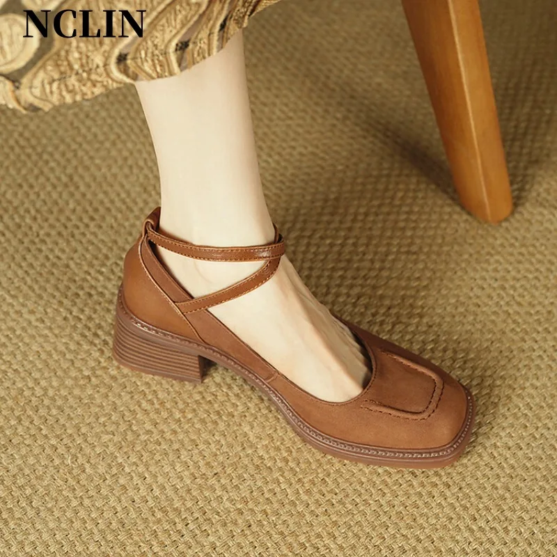 

Summer New MARY JANES Women Shoes Thick Heel Square Toe Genuine Leather Shoes For Women Platform Heels Retro Shoes Women