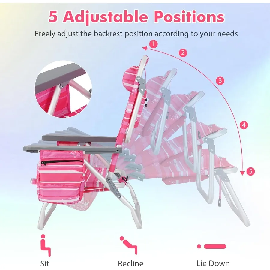 كرسي الشاطئ القابل للطي، كراسي حبال الفناء مع 5 أوضاع قابلة للتعديل، حقيبة تخزين وسادة الرأس، حاملات الأكواب، حقيبة الظهر #5