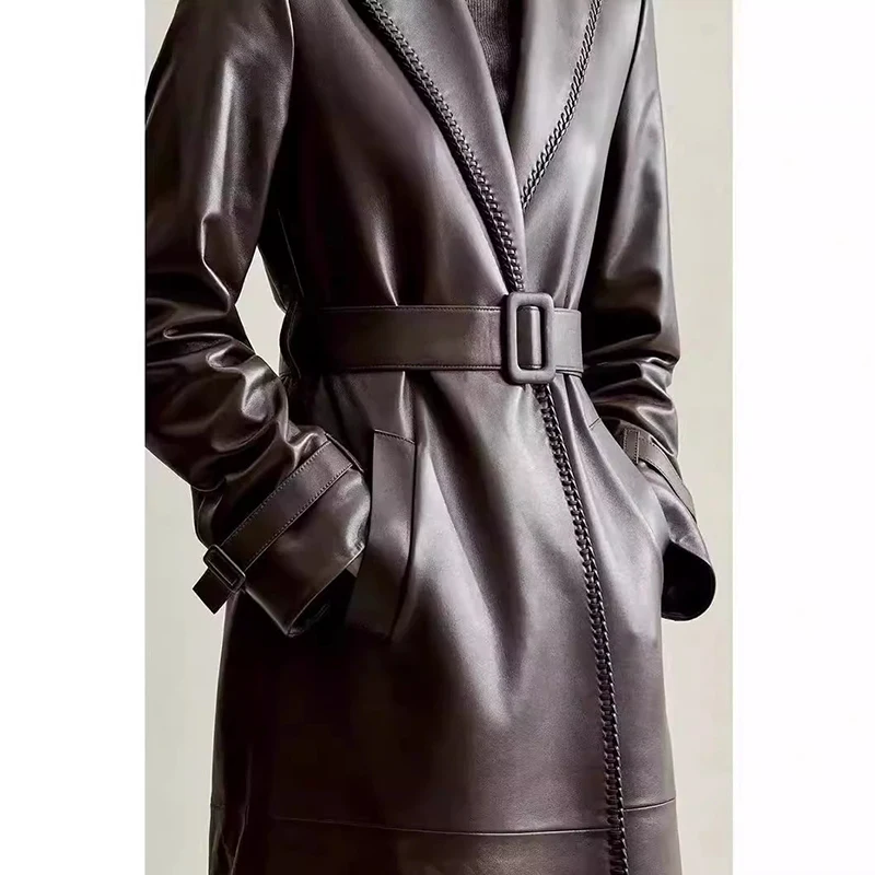 M-3XL Trench in pelle di pecora di livello A da donna alla moda caffè 2025 Autunno Nuovo Trench lungo con lacci Blet da donna in vera pelle