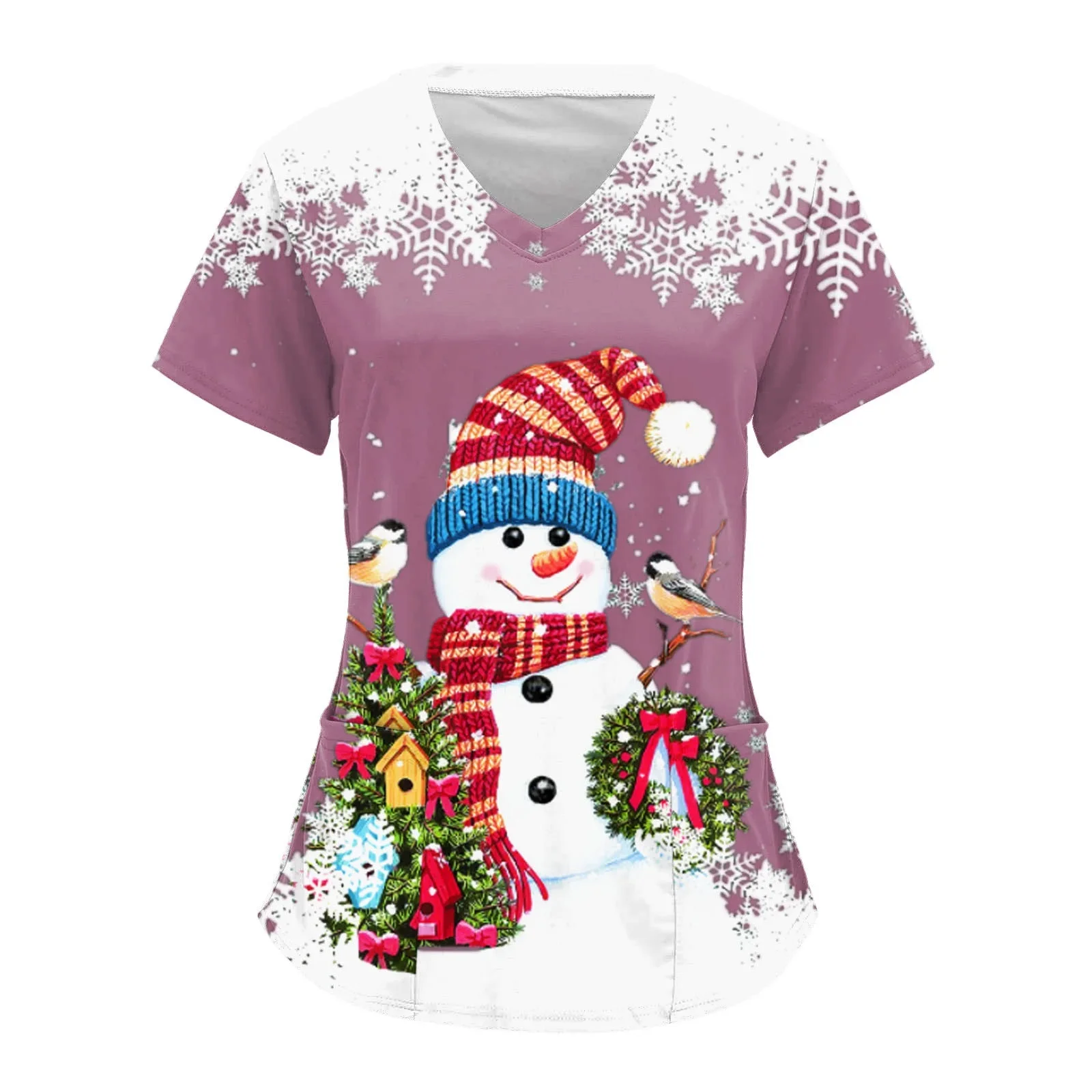 جديد عيد الميلاد الزي السريري امرأة الصيف الكرتون ثلاثية الأبعاد طباعة الزي الطبي مرونة صغيرة عادية الخامس الرقبة ممرضة موحدة امرأة