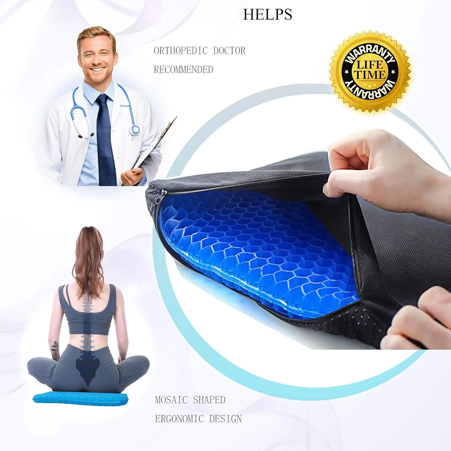 

Gel Seat Cushion Breathable Thick Egg Chair Cushions, Non-Slip Cover, Honeycomb Design Absorbs Pressure Points Pain Relief