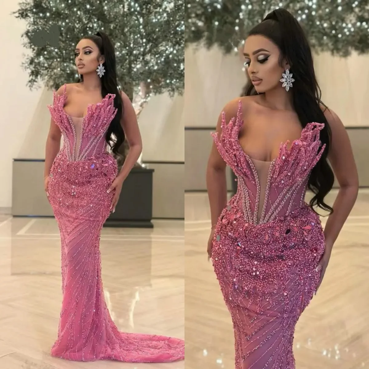 Wunderschönes Meerjungfrau-Abendkleid, trägerlos, mit Pailletten besetzt, Ballkleider, Illusions-Spitze, bodenlange Partykleider, individuell gestaltet