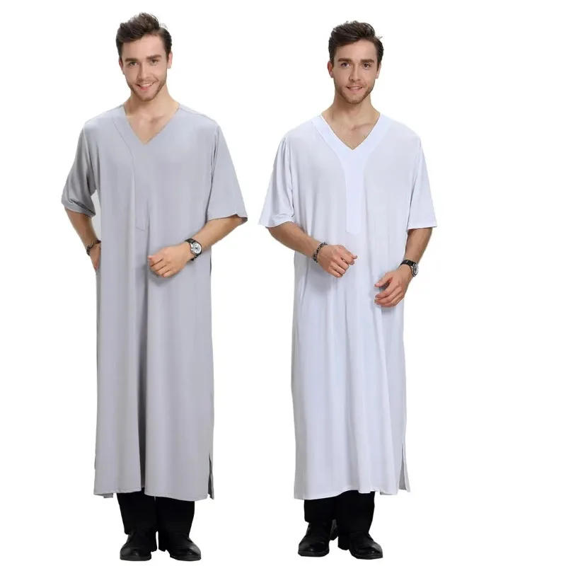 

Middle Eastern Men Muslim Turkey Jubbe Thobe Thoub Dubai Saudi Arabic Islam Short Sleeve Kaftan Abaya Robe Eid Ramadan Clothing