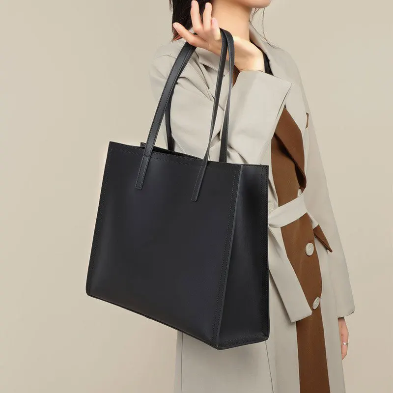 

Fashion new minimalist women's PU leather tote bag solid luxury large capacity commuter Busin laptop shoulder strap briefcase