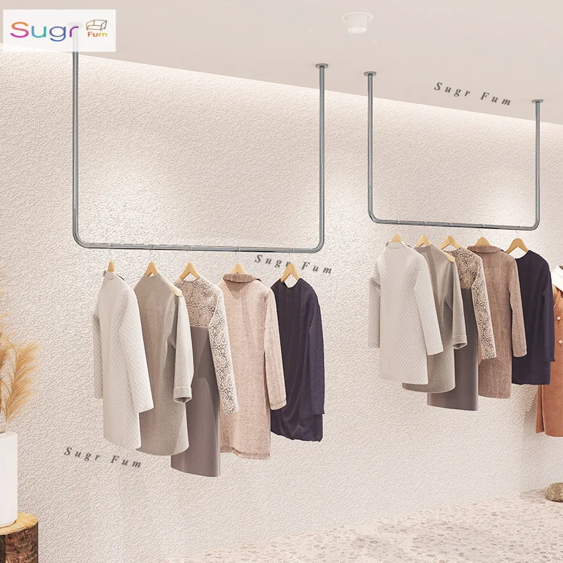 Clothing store display rack stainless steel silver ceiling hanging display rack hanger wall hanging ring women's clothing shelf
