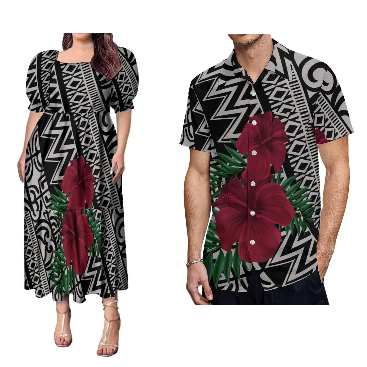 Dames Pofmouwen Ontwerp Elegante Temperament Jurk Heren Casual Shirt Polynesische Print Custom Samoan Paar Pak