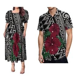 Women'S Puffed Sleeves Design Elegant Temperament Dress Men'S Casual Shirt Polynesian Print Custom Samoan Couple Suit