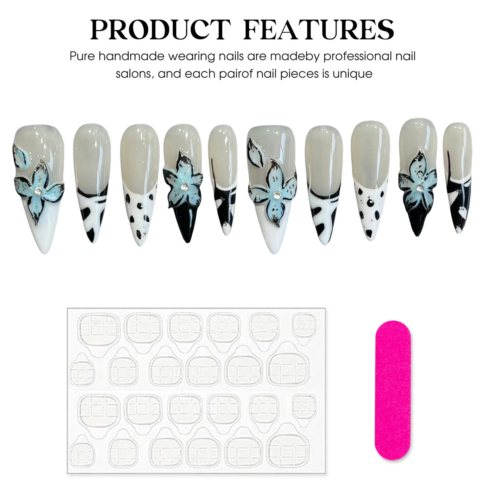 Press On Acyrlic Nails 3D Blue Leopard Flower Decor 10pcs Long Almond Tip Handmade Fake Nails Y2k Black White French False Nails